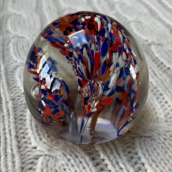 Abstract Glass Art Paperweight Sphere Dome- Red, Blue, and White flat bottom - Picture 3 of 12